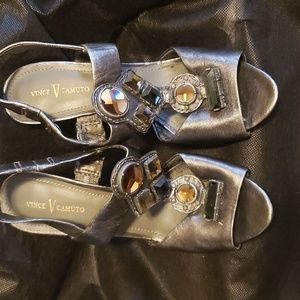 Open toe pewter sandals with brown gem/rhinestones.